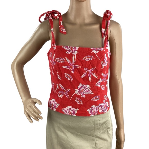 Joie Tops - Joie Red Floral Tie Shoulder Smocked Back Linen Blend Tank Top Size 8